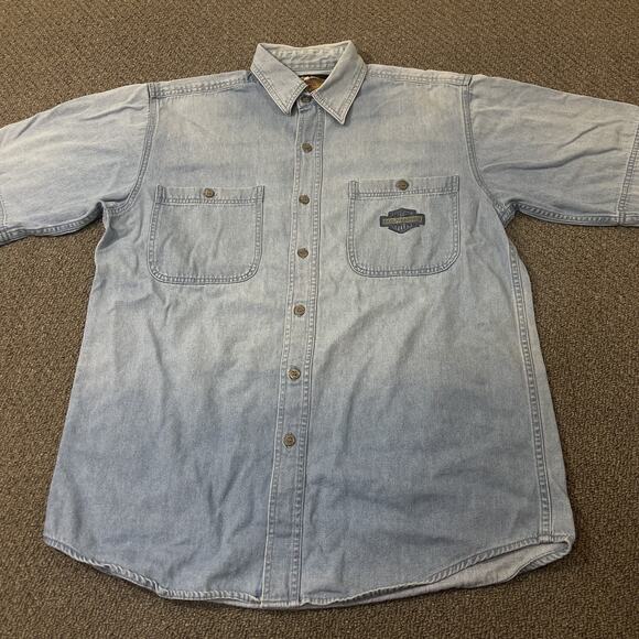Harley-Davidson Shirt Mens Medium Denim Button Up Short Sleeve Bar Shield - Picture 1 of 9